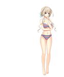  bangs bare_legs bare_shoulders barefoot bikini blonde_hair blue_eyes breasts cleavage crossed_arms eyebrows_visible_through_hair full_body hair_ribbon highres hoshi_ori_yume_mirai jewelry koizumi_amane large_breasts looking_at_viewer navel necklace non-web_source okihara_misa ribbon short_hair smile solo striped striped_bikini swimsuit tied_hair transparent_background 