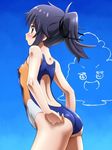  adjusting_clothes adjusting_swimsuit ass awa black_hair blue_eyes blue_swimsuit blush competition_swimsuit covered_nipples cowboy_shot day from_behind hair_ribbon himouto!_umaru-chan long_hair motoba_kirie one-piece_swimsuit ponytail profile ribbon sky solo swimsuit 