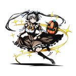  ankle_ribbon blue_ribbon bow bowtie cinderella cinderella_(divine_gate) divine_gate floating_hair full_body hair_ribbon leg_up long_hair maid_headdress official_art orange_bow ribbon shadow silver_hair skirt_hold solo transparent_background twintails ucmm very_long_hair wrist_cuffs 