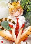  :3 animal_ears animal_print ankle_boots artist_name blush boots breast_pocket breasts collared_shirt crossed_ankles dot_nose eyebrows eyebrows_visible_through_hair eyelashes fly_(marguerite) gradient_hair ground hair_between_eyes highres indian_style jpeg_artifacts kemono_friends large_breasts lips looking_at_viewer multicolored_hair necktie non-web_source official_art orange_hair outdoors own_hands_together paw_print plaid plaid_neckwear plaid_skirt plant pleated_skirt pocket red_neckwear red_skirt rock shiny shiny_clothes shiny_hair shiny_skin shirt short_hair sitting skirt smile solo striped_tail tail thighhighs tiger_(kemono_friends) tiger_ears tiger_print tiger_tail tsurime two-tone_hair white_footwear white_shirt wing_collar yellow_eyes zettai_ryouiki 