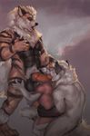  2017 4_toes abs anthro arcanine arm_tuft balls bella_(gasaraki2007) belly big_tail black_eyes black_nose black_skin black_stripes canine claws dog erection eye_contact eyrich front_view fur fur_tuft grey_background grey_skin grope group group_sex hair hand_on_chest hand_on_leg hand_on_thigh husky jace_(gasaraki2007) jericho kneeling knot leg_tuft licking looking_at_another looking_at_partner looking_down looking_pleasured looking_up male mammal multicolored_skin muscular muscular_male nintendo nude open_mouth oral orange_skin pecs penis penis_lick pink_nose pok&eacute;mon pose pubes red_skin sex simple_background stripes teeth thick_tail threesome toes tongue tongue_out tuft vein veiny_penis video_games white_hair white_skin white_tail wolf 