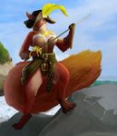  2017 anthro beach belt breasts claws clothed clothing cloud corset day feathers female fur gloves hat hattonslayden hi_res lingerie looking_at_viewer mammal melee_weapon outside pirate rapier red_fur rodent seaside sky solo squirrel sword toe_claws water weapon yellow_feathers 