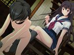  1boy 1girl all_fours black_hair blush censored chair clothed_female_nude_male collar faceless_male feet femdom game_cg leash long_hair nipples penis pet_bowl pet_play purple_eyes sapporo_momoko school_uniform short_hair sitting skirt slave smile socks 