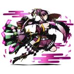  black_footwear boots breasts detached_sleeves divine_gate eyebrows_visible_through_hair fan from_side full_body holding holding_fan jewelry kaguya_(divine_gate) large_breasts long_hair official_art ponytail purple_hair purple_ribbon ribbon ring sash shadow sideboob solo taketori_monogatari transparent_background ucmm yellow_eyes 