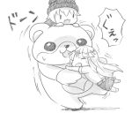  +_+ 3girls :3 :d ^_^ animal_costume bang_dream! bangs beanie bear_costume chibi closed_eyes eyes_closed full_body glomp greyscale hat hug kitazawa_hagumi koroneko_(ky-tora) long_hair mascot_costume michelle_(bang_dream!) monochrome multiple_girls on_head open_mouth short_hair short_sleeves skirt smile sweatdrop tsurumaki_kokoro |_| 