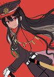  black_hair black_hat cape eyebrows_visible_through_hair family_crest fate/grand_order fate_(series) gloves hat highres izumo_neru long_hair looking_at_viewer oda_nobunaga_(fate) oda_uri red_cape red_eyes sketch smile solo white_gloves 