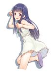  blue_hair blush character_request dress eyebrows_visible_through_hair from_side green_dress green_ribbon long_hair looking_at_viewer mikazuchi_zeus open_mouth purple_eyes ribbon shadow simple_background slippers smile solo standing standing_on_one_leg white_background 