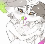  2girls aori_(splatoon) bare_shoulders blush breast_press breasts detached_collar earrings eye_contact french_kiss hotaru_(splatoon) jewelry jtveemo kiss looking_at_another monochrome multicolored_hair multiple_girls nipples open_mouth orange_eyes pointy_ears saliva simple_background splatoon_(series) spot_color symmetrical_docking tentacle_hair tongue tongue_out two-tone_hair upper_body yuri 