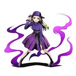  blonde_hair divine_gate floating_hair full_body hand_on_headwear hand_on_own_knee hat khole_(divine_gate) leaning_forward long_hair looking_at_viewer official_art open_mouth purple_hair purple_legwear purple_skirt red_eyes skirt socks solo standing sun_hat transparent_background ucmm 