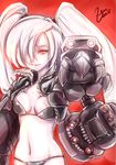  2015 bikini black_bikini breasts claws cleavage commentary_request cropped_jacket gauntlets hair_over_one_eye highres icedoll jacket jacket_over_swimsuit kantai_collection leather leather_jacket long_hair mechanical_arms navel pointing pointing_at_viewer red_background red_eyes rigging shinkaisei-kan signature small_breasts solo southern_ocean_oni swimsuit tears turret twintails white_hair zipper 