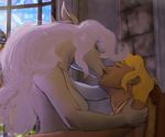  2017 anthro blonde_hair breasts duo equine eyes_closed female hair hattonslayden horse human human_on_anthro inside interspecies kissing long_hair male male/female mammal nude side_boob white_hair window 