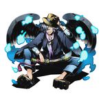  black_wings divine_gate fuji_(divine_gate) full_body geta glasses hair_over_one_eye hat male_focus official_art paintbrush sayagata scarf silver_hair sitting smile solo transparent_background ucmm watch wings 