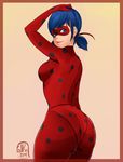  arm_behind_back arm_up artist_name ass back blue_eyes blue_hair bodysuit breasts deviantart_username domino_mask falkeart hair_ribbon highres ladybug_(character) long_hair looking_at_viewer looking_back marinette_dupain-cheng mask miraculous_ladybug polka_dot red_ribbon ribbon small_breasts smile solo twintails 