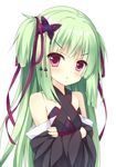  :t absurdres bad_id bad_pixiv_id bangs bare_shoulders blush butterfly_hair_ornament closed_mouth collarbone crossed_arms detached_sleeves eyebrows_visible_through_hair green_hair hair_ornament hair_ribbon halterneck head_tilt highres japanese_clothes long_hair long_sleeves looking_at_viewer minatsuki_kou murasame_(senren) pout purple_eyes purple_ribbon ribbon senren_banka shiny shiny_hair shiny_skin simple_background solo two_side_up upper_body v-shaped_eyebrows white_background wide_sleeves yuzu-soft 