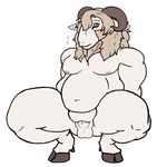  anthro b-dorai balls bulge caprine clothed clothing crouching hair horn male mammal nipples nude penis penis_tip sheep simple_background slightly_chubby smile solo spreading swimming_trunks swimsuit thick_thighs topless wide_hips 