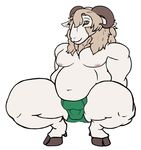  anthro b-dorai balls bulge caprine clothed clothing crouching hair horn male mammal nipples sheep simple_background slightly_chubby smile solo spreading swimming_trunks swimsuit thick_thighs topless wide_hips 