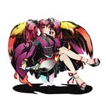  ankle_ribbon divine_gate full_body hair_between_eyes hair_ornament holding kiri_(divine_gate) long_hair official_art pink_hair red_ribbon ribbon shadow smile solo transparent_background twintails ucmm yellow_eyes 