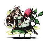  ankle_ribbon arm_support breasts brown_hair divine_gate dress eyebrows_visible_through_hair floating_hair flower full_body green_dress hair_ornament high_heels ibara_(divine_gate) large_breasts long_hair looking_at_viewer official_art open_mouth orange_eyes red_flower red_ribbon ribbon shadow sitting solo transparent_background ucmm very_long_hair wrist_cuffs 