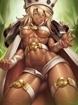  abs areola_slip areolae belt beltbra blonde_hair breasts cape claw_pose colored_eyelashes covered_nipples cowboy_shot dark_skin eyelashes fighting_stance grin guilty_gear guilty_gear_xrd hair_between_eyes hat highres long_hair looking_at_viewer medium_breasts micro_shorts open_fly orange_eyes partially_visible_vulva pubic_hair ramlethal_valentine sharp_teeth short_shorts shorts smile solo speh sweat teeth thigh_strap toned underboob wedgie 