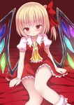  ascot bangs blonde_hair blush bobby_socks collarbone commentary_request fang flandre_scarlet givuchoko hair_ribbon highres looking_at_viewer open_mouth parted_lips red_eyes red_ribbon revision ribbon side_ponytail sitting socks solo touhou white_legwear wings 