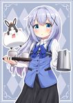  angora_rabbit animal anko_(gochiusa) blue_bow blue_eyes blue_hair blush bow bunny coffee_mug crown cup eyebrows_visible_through_hair gochuumon_wa_usagi_desu_ka? highres kafuu_chino kettle long_hair looking_at_viewer mug open_mouth rabbit_house_uniform superpig tippy_(gochiusa) tray 