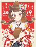  1girl 2019 :3 animal animal_on_head animal_on_shoulder aqua_bow artist_name bangs blunt_bangs blush boar bow braid brown_hair chinese_zodiac commentary_request floral_print flower fur-trimmed_kimono fur_trim hair_bow hair_flower hair_ornament highres holding holding_animal japanese_clothes kanzashi kimono long_hair long_sleeves looking_at_viewer new_year obi on_head original outline red_eyes red_kimono sash signature solo twin_braids unapoppo upper_body white_outline white_sleeves wide_sleeves year_of_the_pig yellow_bow 