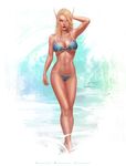  absurdres artist_name barefoot blonde_hair blue_eyes breasts cleavage elf full_body highres krystopher_decker large_breasts looking_at_viewer pointy_ears sylvanas_windrunner thong warcraft 