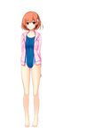  arms_behind_back bangs barefoot breasts brown_hair competition_swimsuit eyebrows_visible_through_hair flower full_body hair_flower hair_ornament highres hoshi_ori_yume_mirai jacket koizumi_amane looking_at_viewer medium_breasts non-web_source one-piece_swimsuit red_eyes shinozaki_marika short_hair smile solo standing swimsuit transparent_background 