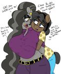  2017 anthro bags_under_eyes beauty_mark_(oc) big_breasts blue_eyes blush breasts clothing dialogue duo earth_pony edit english_text equine fan_character female female/female fondling friendship_is_magic grope horse invalid_color lipstick makeup mammal mature_female mcsweezy my_little_pony pony text whydomenhavenipples yellow_eyes 