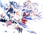  :d battle blue_dress blue_eyes blue_hair cirno clenched_hand commentary_request dress duel fire folded_leg from_behind fujiwara_no_mokou hair_ribbon highres ice ice_wings ikurauni loafers looking_at_another midriff multiple_girls navel ofuda open_hand open_mouth open_pants pants puffy_short_sleeves puffy_sleeves red_eyes reflection ribbon shirt shoes short_hair short_sleeves simple_background smile suspenders teeth torn_clothes torn_sleeves touhou white_background white_hair white_shirt wings 