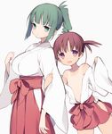  arm_grab bangs blunt_bangs blush breasts brown_hair eyebrows_visible_through_hair flat_chest green_eyes green_hair grey_background hakama highres itsumi_(itumiyuo) japanese_clothes large_breasts looking_at_viewer miko multiple_girls open_mouth parted_lips ponytail purple_eyes ringlets saki sidelocks simple_background sleeves_past_wrists smile takimi_haru tan tanline twintails usuzumi_hatsumi 