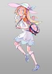  bag bangs blonde_hair blue_footwear blue_ribbon blunt_bangs braid collared_dress dress duffel_bag ege_(597100016) from_side full_body green_eyes hat hat_ribbon highres holding holding_poke_ball kneehighs leg_up lillie_(pokemon) long_hair poke_ball poke_ball_theme pokemon pokemon_(game) pokemon_sm ribbon see-through shoes simple_background sleeveless sleeveless_dress solo sun_hat sundress sweat twin_braids white_dress white_hat white_legwear 