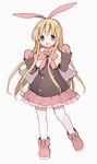  amae_koromo animal_ears bangs blonde_hair blue_eyes blush boots bow bunny_ears coat eyebrows_visible_through_hair fake_animal_ears full_body grey_background hair_bow highres itsumi_(itumiyuo) long_hair looking_at_viewer mittens open_mouth pantyhose pink_bow pink_footwear pink_skirt pleated_skirt saki simple_background skirt smile solo standing white_legwear 
