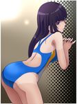  ass awa black_eyes black_hair blue_swimsuit competition_swimsuit cowboy_shot from_behind fuuka hair_intakes iwami_sara leaning_forward long_hair looking_at_viewer one-piece_swimsuit solo swimsuit 
