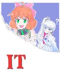  ? ahoge bangs bare_shoulders blue_eyes bow commentary_request curly_hair freckles frills green_eyes hair_bow hair_ribbon iesupa it_(stephen_king) multiple_girls namesake open_mouth orange_hair penny_polendina pennywise ponytail pun ribbon ripping rwby scar scar_across_eye smile title weiss_schnee white_hair 