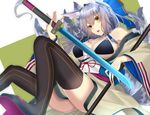  animal_ears bikini_top black_legwear blue_bow blush bow breasts cleavage commentary_request fox_ears fox_girl fox_tail hair_between_eyes hair_bow halter_top halterneck highres holding holding_sword holding_weapon japanese_clothes katana kimono large_breasts long_sleeves multiple_tails obi off_shoulder onineko-chan open_mouth original ponytail sash scabbard sheath silver_hair solo sword tail thighhighs weapon wide_sleeves yellow_eyes 