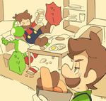  &gt;_&lt; :d arm_around_shoulder bad_id bad_pixiv_id bag blue_eyes blue_overalls brothers brown_hair carrying closed_eyes couch cup drinking_glass drunk facial_hair food friends green_hat green_shirt hand_on_another's_shoulder hat holding holding_cup indoors looking_at_another luigi male_focus mario mario_(series) multiple_boys mustache no_hat no_headwear on_couch open_mouth overalls plate red_shirt sepia shirt shopping_bag siblings sitting sketch smile super_mario_bros. sweatdrop table uroad7 xd yoshi 