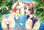  3: :3 absurdres animal_ears ass bangs bare_shoulders beach bent_over bikini blue_eyes blue_swimsuit blunt_bangs blush bracelet cat_ears cat_girl cat_tail cura day embarrassed eyebrows_visible_through_hair flat_chest flower foliage from_behind hair_flower hair_ornament hairclip hand_on_own_ass highres jewelry kemonomimi_mode leaf leaning_forward long_hair looking_at_viewer looking_back monobeno multicolored_hair multiple_girls ocean one-piece_swimsuit outdoors palm_tree partially_visible_vulva plant pout presenting red_hair ripples sawai_natsuha school_swimsuit shoulder_blades smile strap_slip streaked_hair sumi_(monobeno) swimsuit tail take thigh_gap towel tree twintails two-tone_hair wading wading_pool water water_drop white_bikini white_hair 