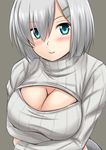  alternate_costume blue_eyes breast_hold breasts cleavage cleavage_cutout fuuma_nagi grey_background hair_ornament hairclip hamakaze_(kantai_collection) kantai_collection large_breasts looking_at_viewer meme_attire open-chest_sweater ribbed_sweater short_hair silver_hair smile solo sweater turtleneck upper_body 