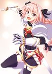  astolfo_(fate) black_legwear braid cape fang fate/apocrypha fate_(series) garter_straps hair_ribbon highres ike_masato long_hair looking_at_viewer male_focus open_mouth otoko_no_ko pink_hair purple_eyes ribbon simple_background single_braid smile solo sword thighhighs weapon white_background 