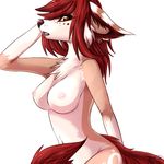  anthro breasts brown_eyes canine female freckles fur hair looking_at_viewer mammal navel nipples nude open_mouth red_hair sharp_teeth simple_background solo tan_fur taykoe teeth tongue white_background 