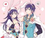  1girl :3 alternate_costume animal_ears animal_hood asymmetrical_clothes blue_hair blush bunny_ears bunny_hood dinikee easter easter_egg egg fake_animal_ears father_and_daughter fire_emblem fire_emblem:_kakusei fire_emblem_heroes gloves heart hood krom looking_at_viewer lucina open_collar spoken_heart spoken_squiggle squiggle sweatdrop upper_body 