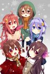  :d black_jacket blue_eyes blue_scarf brown_coat brown_eyes brown_footwear brown_hair brown_scarf coat crescent crescent_hair_ornament crescent_moon_pin earmuffs fang glasses gradient gradient_background grey_background hair_ornament jacket kantai_collection kisaragi_(kantai_collection) long_hair long_sleeves mittens mochizuki_(kantai_collection) multiple_girls mutsuki_(kantai_collection) nagasioo open_mouth pantyhose pink_hair plaid plaid_scarf purple_hair red-framed_eyewear red_eyes red_scarf scarf shoes short_hair short_hair_with_long_locks smile snowflakes snowing uzuki_(kantai_collection) winter_clothes yayoi_(kantai_collection) 