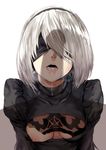 1girl absurdres black_dress blindfold breasts cleavage dress hairband hetero hews_hack highres lips mole mole_under_mouth nier_(series) nier_automata one_breast_out open_mouth paid_reward patreon_reward penis penis_shadow saliva short_hair silver_hair small_breasts solo_focus tongue upper_body yorha_no._2_type_b 