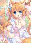  :d ameto_yuki animal_ear_fluff animal_ears areolae ass bangs bed_sheet between_breasts between_legs blue_bow blue_eyes blush bow bow_legwear bow_panties bra bra_pull breasts cat_ears cat_girl cat_tail collarbone dengeki_moeou eyebrows_visible_through_hair fang frilled_bra frilled_panties frills from_above hair_between_eyes hair_ornament hair_scrunchie hairclip hand_between_legs hand_up highres indoors large_breasts long_hair long_sleeves looking_at_viewer nail_polish neck_ribbon nipples on_bed ookami-san_(ameto_yuki) open_clothes open_mouth open_shirt orange_hair original panties pillow pink_bra pink_nails pink_panties pink_ribbon ribbon scrunchie shirt sitting sitting_on_bed sleeves_past_wrists smile solo striped striped_legwear tail tail_ribbon thighhighs twintails underwear underwear_only vertical-striped_legwear vertical_stripes very_long_hair wariza 