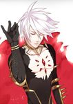  2f_sq cape closed closed_mouth fate/apocrypha fate_(series) fur_collar hand_up jewelry karna_(fate) male_focus meme pale_skin parody salt salt_bae_(meme) simple_background solo upper_body white_hair 