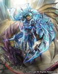  aqua_hair armor armored_boots boots cardfight!!_vanguard company_name dark_skin dark_skinned_male dragon full_body gloves male_focus moreshan official_art open_mouth provocation_seeker_blumental solo teeth wings yellow_eyes 