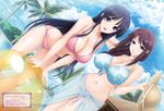  :d arm_behind_head ass_visible_through_thighs ball bangs bare_shoulders beachball bikini blue_bikini blue_sky blunt_bangs braid breasts brown_hair character_request cloud cloudy_sky collarbone cowboy_shot day dengeki_moeou dutch_angle eyebrows_visible_through_hair floral_print hair_over_shoulder hair_tie halter_top halterneck hat hat_removed headwear_removed highres holding holding_hat komori_kei large_breasts leaning_forward legs_apart legs_together long_hair looking_at_viewer midriff multiple_girls navel o-ring o-ring_bottom open_mouth outdoors palm_tree pink_bikini pool purple_eyes ryuuzouj_satsuki sarong sidelocks single_braid sky smile straw_hat sun_hat swimsuit tree walkure_romanze 