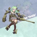  blue_eyes boots braid breasts brown_legwear bullet cannon caterpillar_tracks character_name commentary_request detached_sleeves dress green_eyes green_hair gun hair_ornament hand_on_own_chest highres long_hair looking_at_viewer machine_gun machinery mechanical_arm military military_uniform original panties personification sherman_firefly_(personification) shovel side_braid sirills small_breasts smile solo thighhighs turret underwear uniform weapon white_panties zoom_layer 