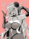 armpits blush breasts cleavage covered_navel dress fate/grand_order fate_(series) gloves jeanne_d'arc_(alter)_(fate) jeanne_d'arc_(fate)_(all) kojima_saya large_breasts long_hair looking_at_viewer monochrome navel open_mouth simple_background solo sweat translation_request 
